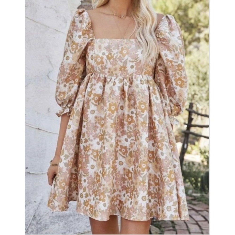 Storia Women's Babydoll Dress Size‎ S 100% Polyester Floral Puff Sleeves Fairy